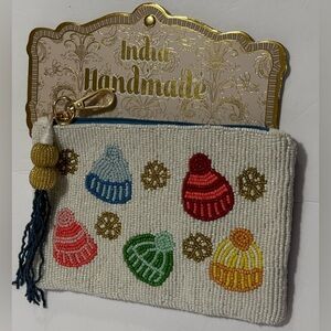 India Handcrafted Beaded Pom Pouch with Hat Design Tassel Zipper